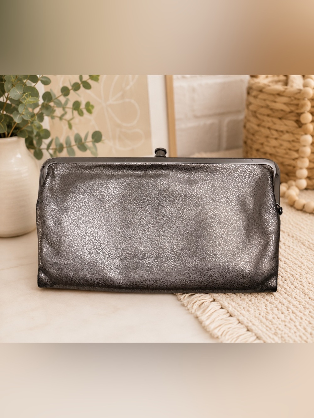 🩶 HOBO Metallic Pewter Leather Clutch / Wallet